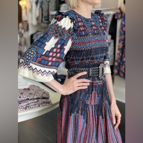 ba&sh Blue and White Smocked Mandie Midi Dress XS - Picture 5 of 16